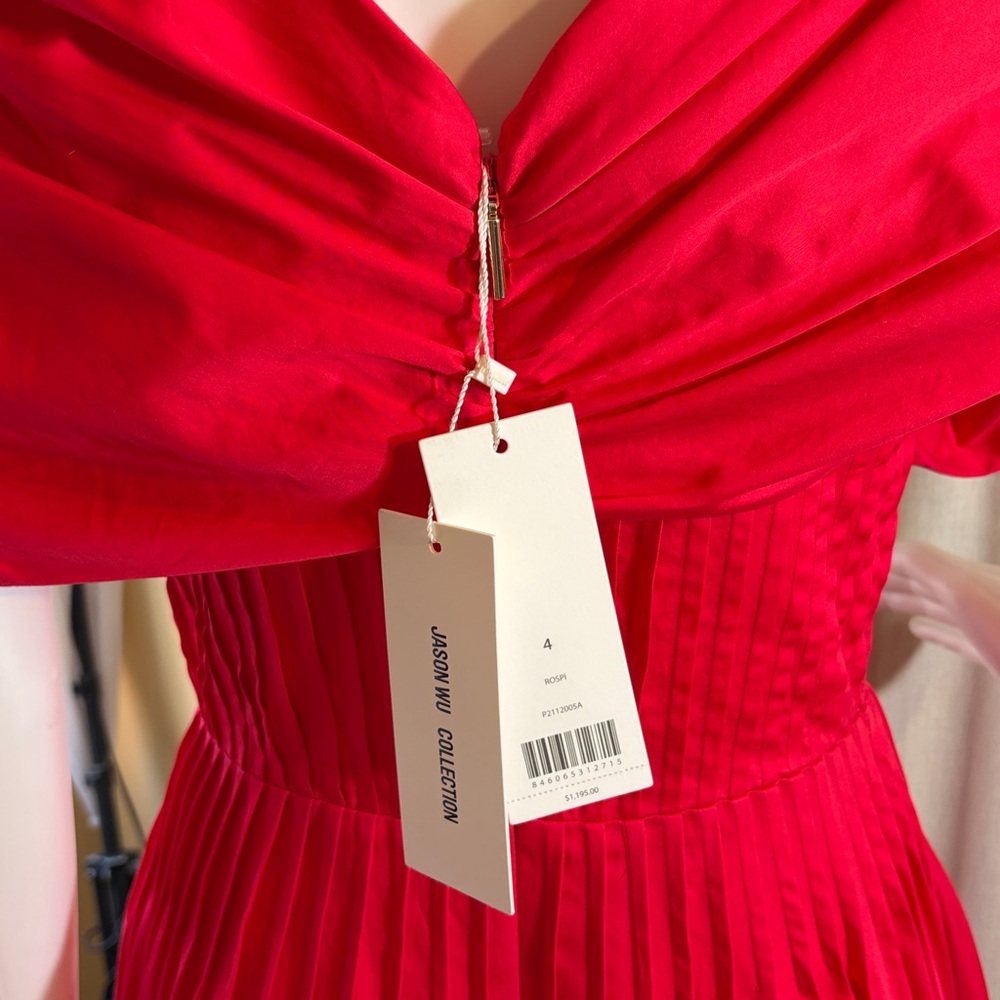 Jason Wu Off the Shoulder Pintucked Red Midi Dress - Picture 5 of 12